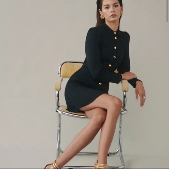 Reformation Hugh Black Collared Long Sleeve Mini Dress Gold Button Sz 2 - Picture 3 of 8